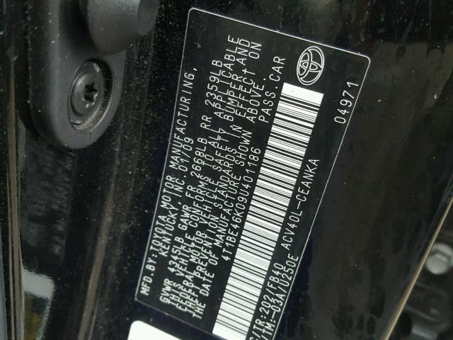 4T1BE46K09U401186 - 2009 TOYOTA CAMRY BASE BLACK photo 10