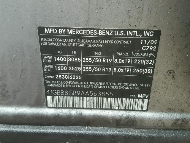 4JGBB8GB9AA563855 - 2010 MERCEDES-BENZ ML 350 4MA BURN photo 10