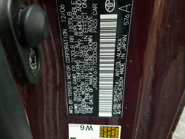 JTKDE167170200403 - 2007 TOYOTA SCION TC MAROON photo 10