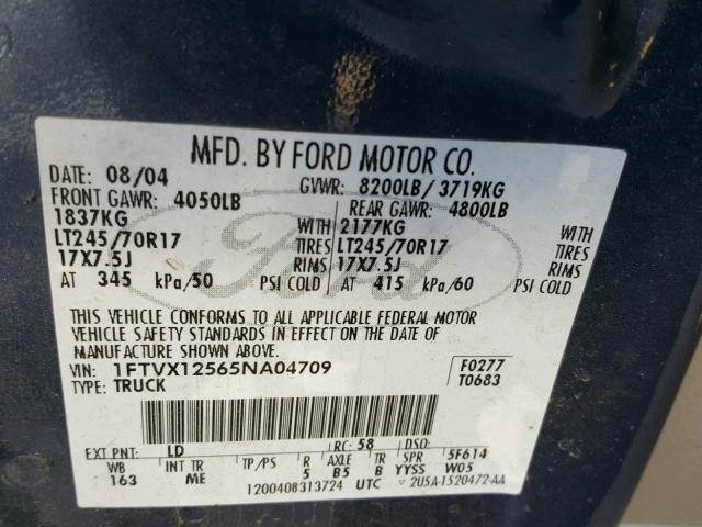 1FTVX12565NA04709 - 2005 FORD F150 BLUE photo 10