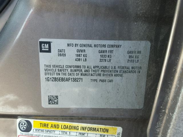 1G1ZB5EB6AF138271 - 2010 CHEVROLET MALIBU LS GOLD photo 10