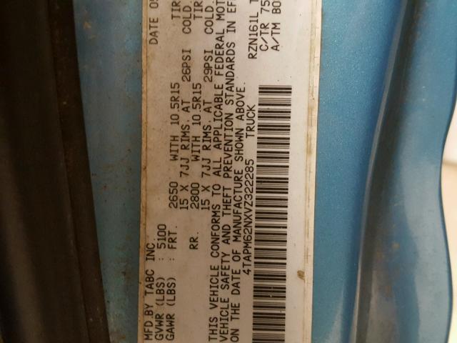 4TAPM62NXVZ322285 - 1997 TOYOTA TACOMA BLUE photo 10