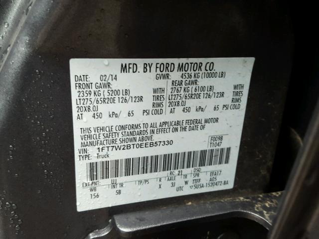 1FT7W2BT0EEB57330 - 2014 FORD F250 SUPER GRAY photo 10