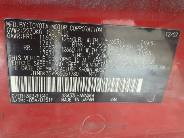 JTMBK35V985051780 - 2008 TOYOTA RAV4 RED photo 10