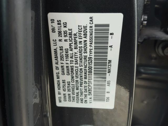 5KBCP3F8XBB001539 - 2011 HONDA ACCORD EXL GRAY photo 10