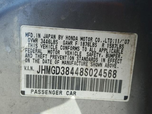 JHMGD38448S024568 - 2008 HONDA FIT SILVER photo 10