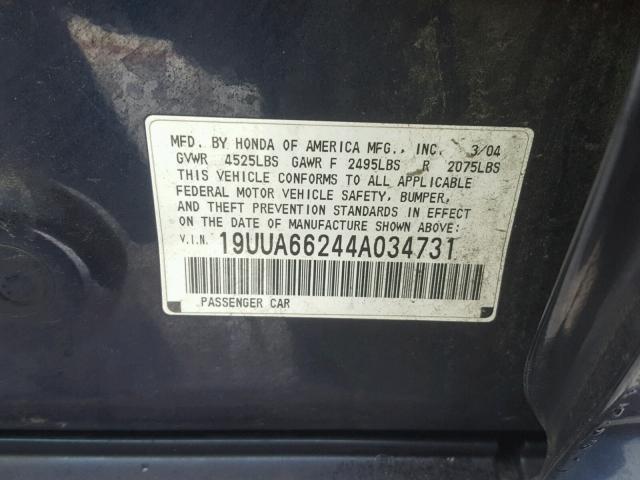 19UUA66244A034731 - 2004 ACURA TL BLUE photo 10