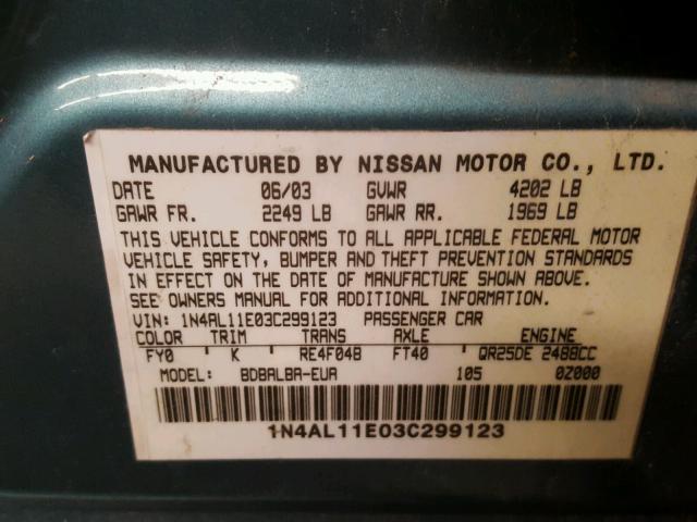 1N4AL11E03C299123 - 2003 NISSAN ALTIMA BAS TEAL photo 10