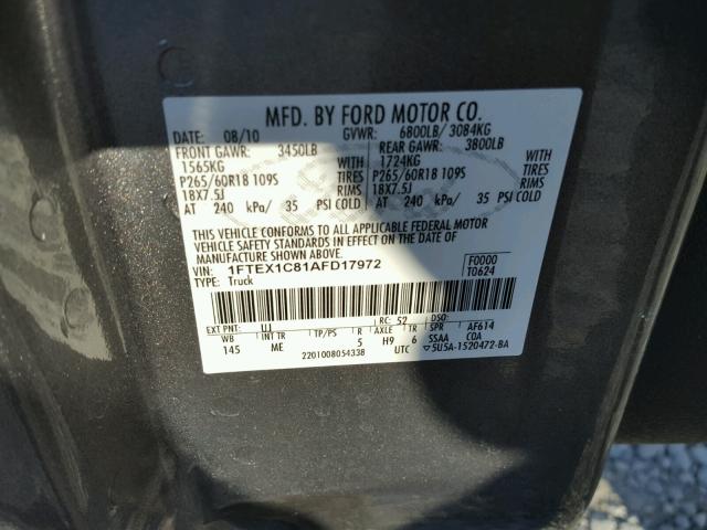 1FTEX1C81AFD17972 - 2010 FORD F150 SUPER GRAY photo 10