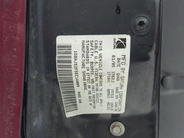 1G8AJ52F55Z144009 - 2005 SATURN ION LEVEL BURGUNDY photo 10