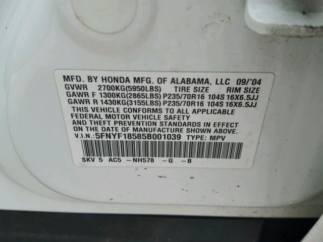 5FNYF18585B001039 - 2005 HONDA PILOT EXL WHITE photo 10