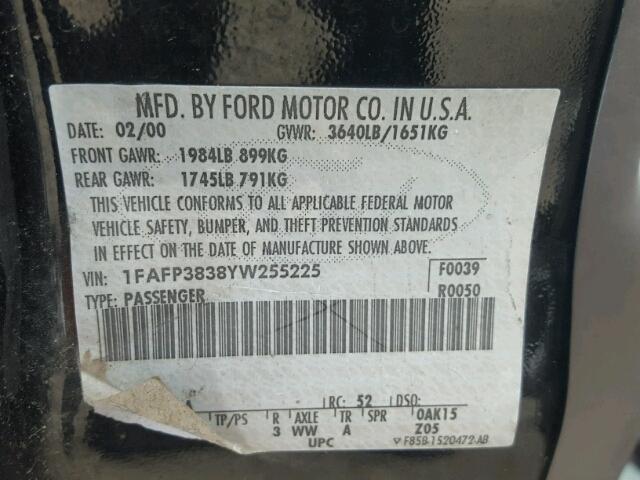 1FAFP3838YW255225 - 2000 FORD FOCUS ZTS BLACK photo 10