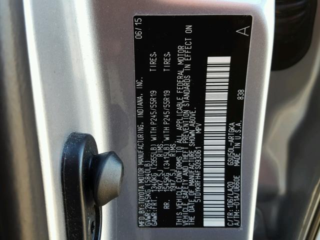 5TDYKRFH4FS093061 - 2015 TOYOTA HIGHLANDER SILVER photo 10