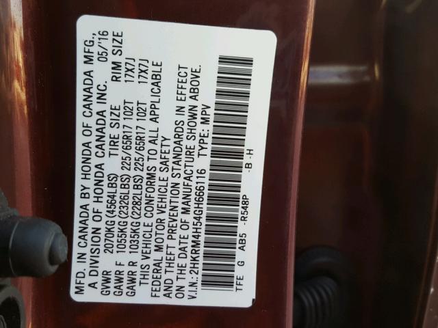 2HKRM4H54GH666116 - 2016 HONDA CR-V EX BURGUNDY photo 10