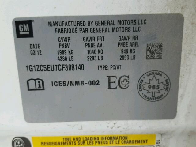 1G1ZC5EU7CF308140 - 2012 CHEVROLET MALIBU 1LT 白色 照片 10