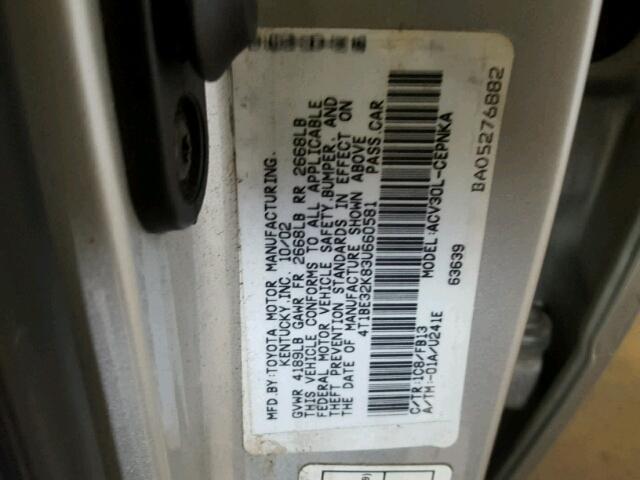 4T1BE32K83U660581 - 2003 TOYOTA CAMRY LE SILVER photo 10