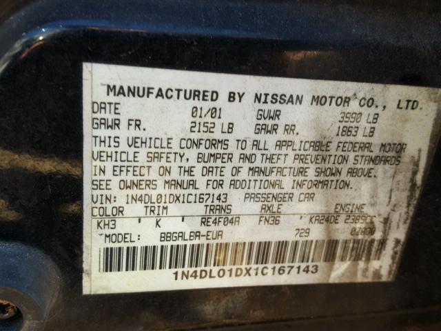 1N4DL01DX1C167143 - 2001 NISSAN ALTIMA XE BLACK photo 10