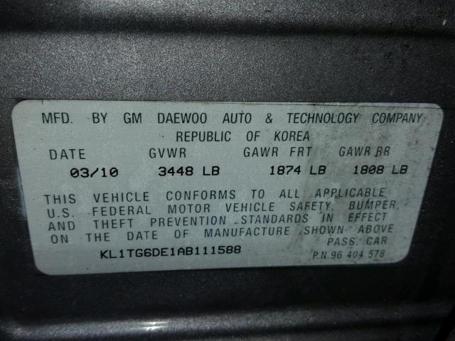 KL1TG6DE1AB111588 - 2010 CHEVROLET AVEO LT 灰色 照片 10