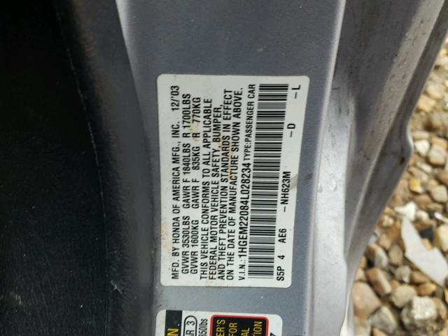 1HGEM22084L028234 - 2004 HONDA CIVIC EX SILVER photo 10