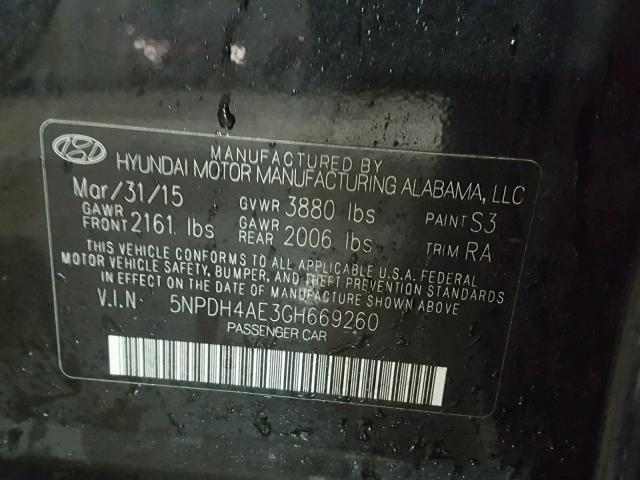 5NPDH4AE3GH669260 - 2016 HYUNDAI ELANTRA SE BLACK photo 10