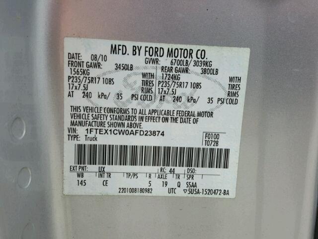 1FTEX1CW0AFD23874 - 2010 FORD F150 SUPER SILVER photo 10