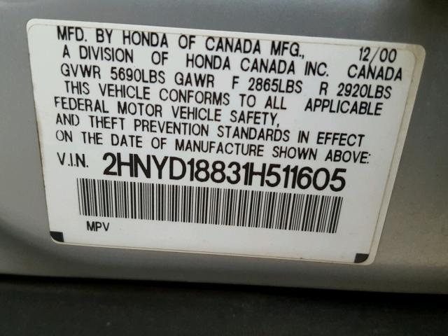 2HNYD18831H511605 - 2001 ACURA MDX TOURIN SILVER photo 10