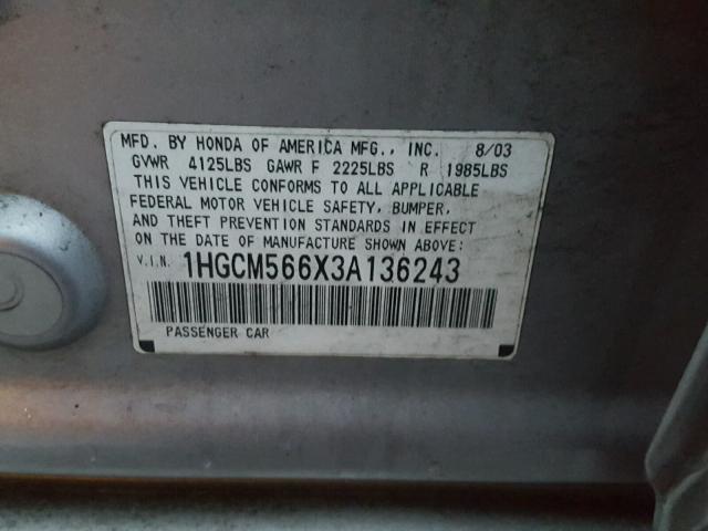 1HGCM566X3A136243 - 2003 HONDA ACCORD EX SILVER photo 10