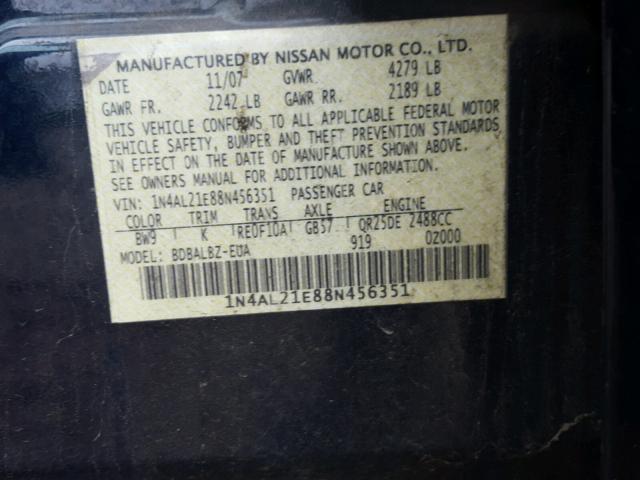 1N4AL21E88N456351 - 2008 NISSAN ALTIMA 2.5 BLUE photo 10