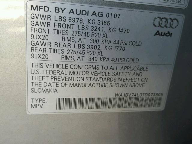 WA1BV74L37D073805 - 2007 AUDI Q7 4.2 QUA GRAY photo 10