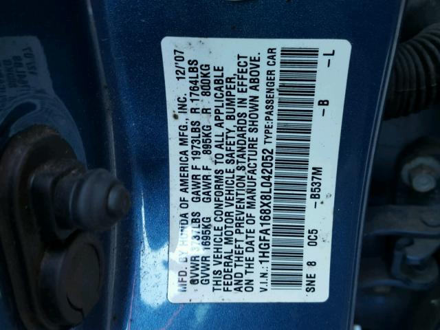1HGFA168X8L042052 - 2008 HONDA CIVIC EX Mavi foto 10