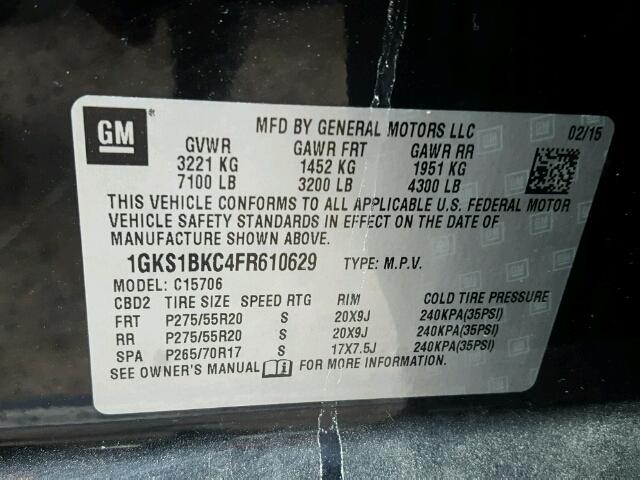 1GKS1BKC4FR610629 - 2015 GMC YUKON SLT BLACK photo 10