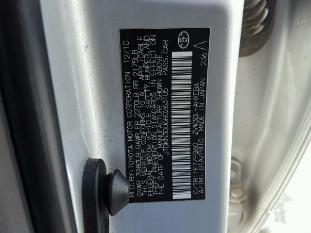 JTDKN3DU6B0263105 - 2011 TOYOTA PRIUS SILVER photo 10