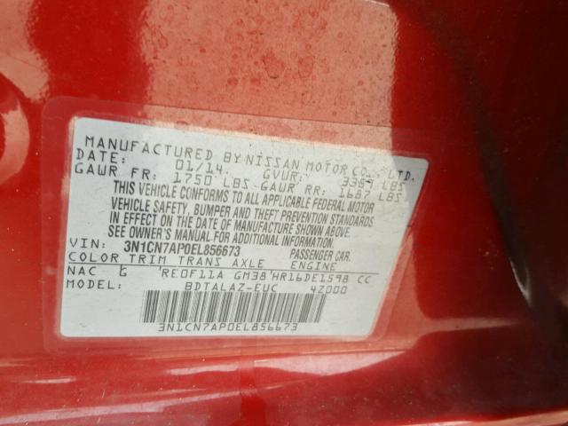 3N1CN7AP0EL856673 - 2014 NISSAN VERSA S RED photo 10