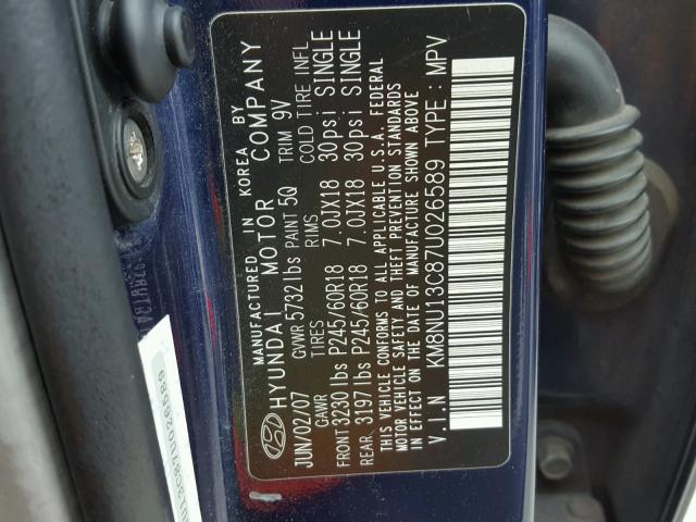 KM8NU13C87U026589 - 2007 HYUNDAI VERACRUZ G BLUE photo 10