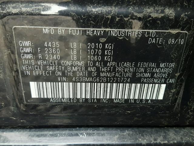 4S3BMAG62B1221724 - 2011 SUBARU LEGACY 2.5 BLACK photo 10