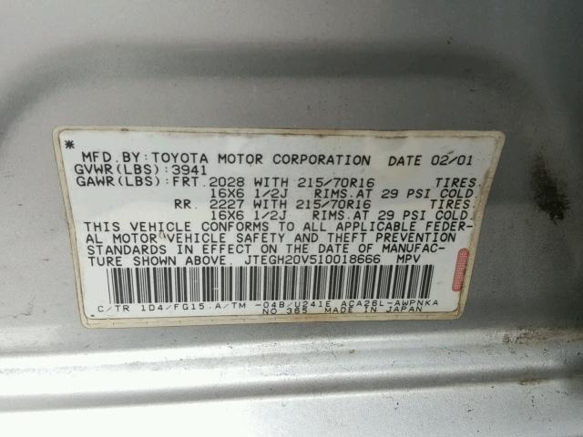 JTEGH20V510018666 - 2001 TOYOTA RAV4 SILVER photo 10