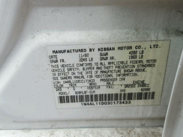 1N4AL11D03C173433 - 2003 NISSAN ALTIMA BAS WHITE photo 10