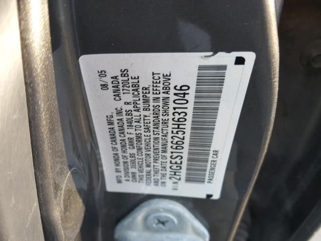 2HGES16625H631046 - 2005 HONDA CIVIC LX GRAY photo 10