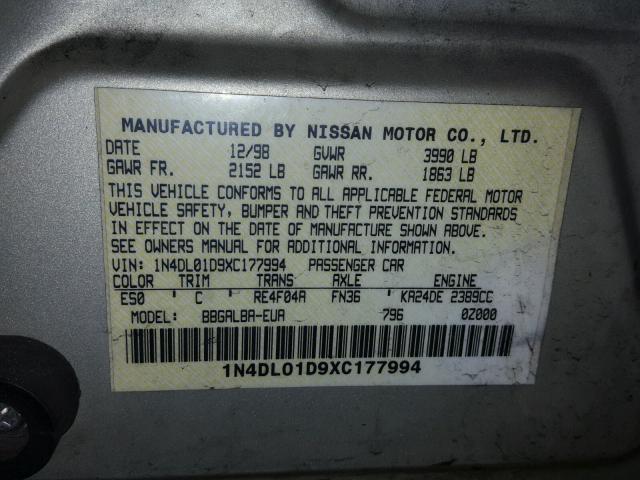 1N4DL01D9XC177994 - 1999 NISSAN ALTIMA XE GOLD photo 10