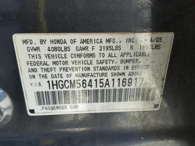 1HGCM56415A116917 - 2005 HONDA ACCORD LX GRAY photo 10