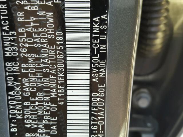 4T1BF1FK3DU675180 - 2013 TOYOTA CAMRY L GRAY photo 10