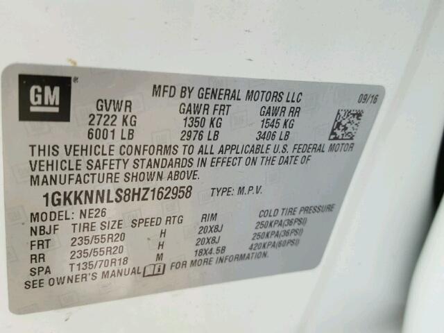 1GKKNNLS8HZ162958 - 2017 GMC ACADIA SLT თეთრი ფოტო 10