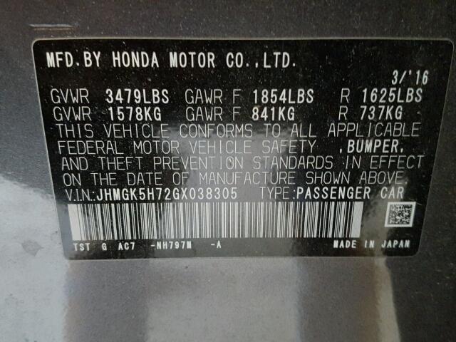 JHMGK5H72GX038305 - 2016 HONDA FIT EX GRAY photo 10