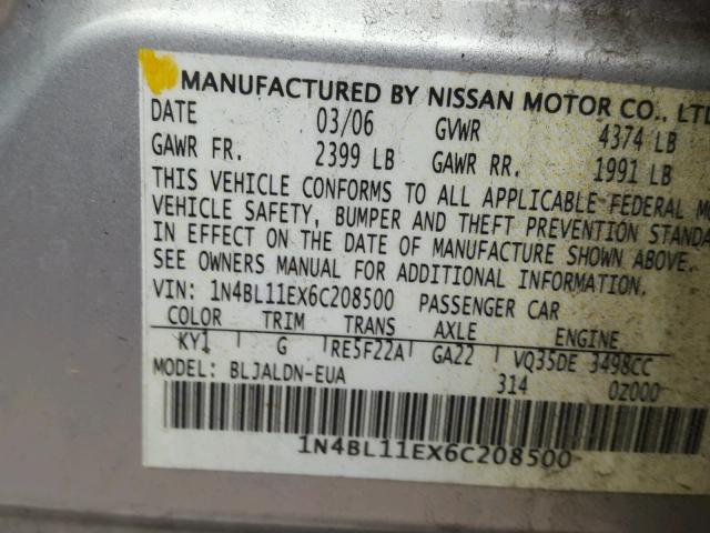 1N4BL11EX6C208500 - 2006 NISSAN ALTIMA SE SILVER photo 10