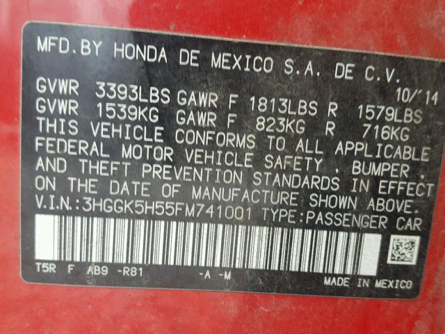 3HGGK5H55FM741001 - 2015 HONDA FIT LX RED photo 10