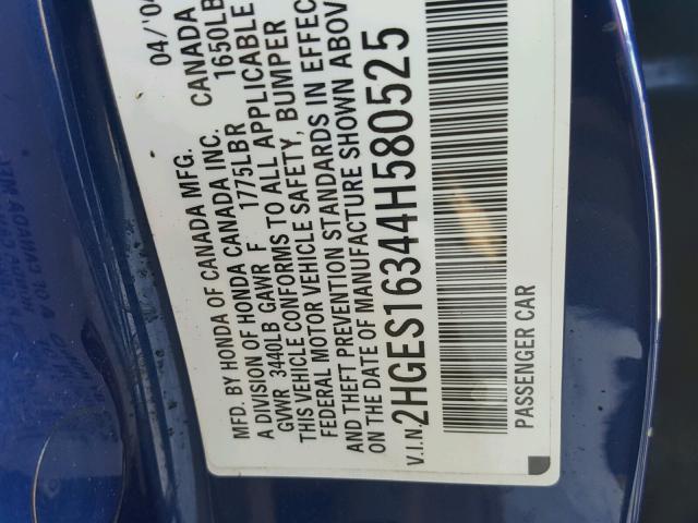 2HGES16344H580525 - 2004 HONDA CIVIC DX V BLUE photo 10