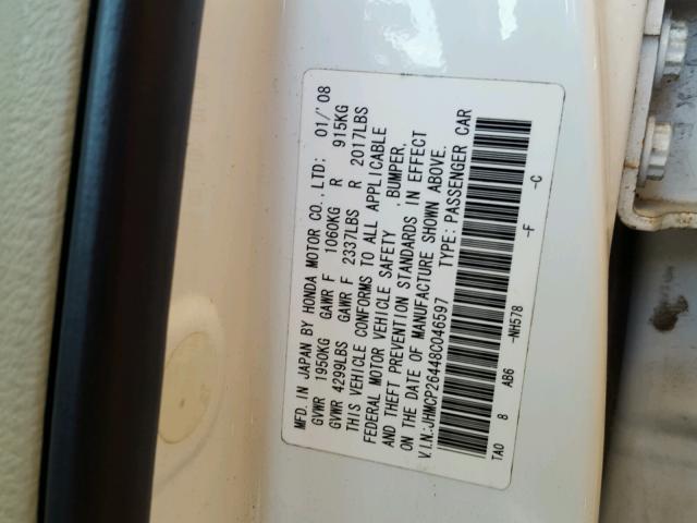 JHMCP26448C046597 - 2008 HONDA ACCORD LXP WHITE photo 10