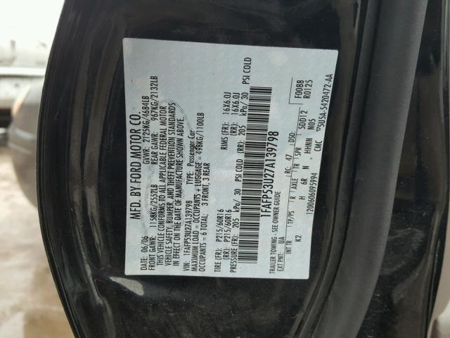 1FAFP53U27A139798 - 2007 FORD TAURUS SE BLACK photo 10