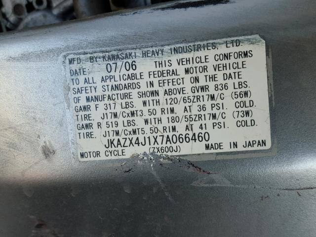 JKAZX4J1X7A066460 - 2007 KAWASAKI ZX600 J1 黑色 照片 10