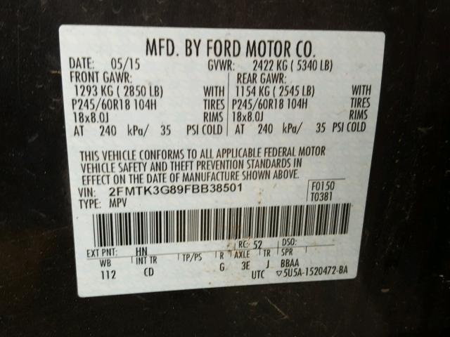 2FMTK3G89FBB38501 - 2015 FORD EDGE SE BLUE photo 10